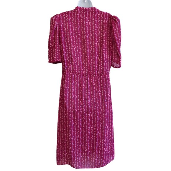 Vintage 70s Dress Floral Leis Puff Half Sleeve Draped Neck Pearlized Buttons - Picture 4 of 9